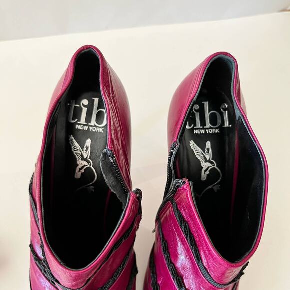Tibi New York Heeled Bootie Size 7.5 Fuschia Pink Purple Black Ruffle - Picture 13 of 13